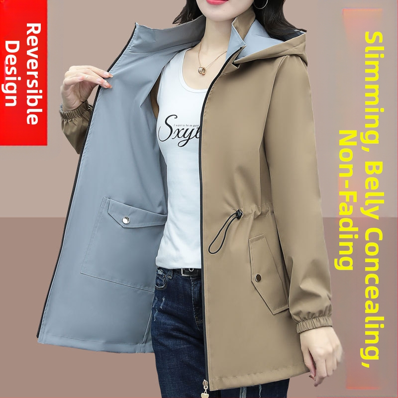 Пролетно яке за жени с дълъг ръкав Cross-border explosions, 2025, ново, тънко, с капак за корем, двустранно, късо палто на едро