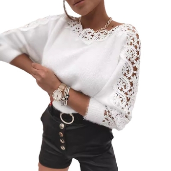 Amazon pleteni džemper elegantni jednobojni ovratnik s čipkastim rukavima, prekogranična vanjska trgovina za žene