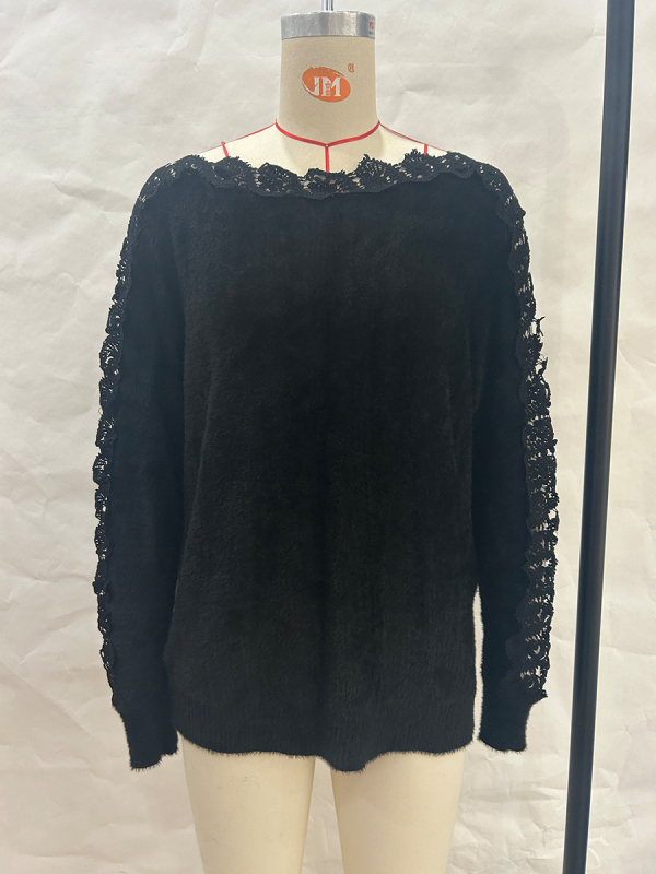 Amazon pleteni džemper elegantni jednobojni ovratnik s čipkastim rukavima, prekogranična vanjska trgovina za žene