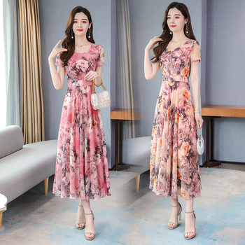 AliExpress 2023 Ljeto nova modna korejska haljina s printom, okruglim izrezom, uskim strukom, tankom haljinom za mame preko koljena.