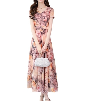 AliExpress 2023 Ljeto nova modna korejska haljina s printom, okruglim izrezom, uskim strukom, tankom haljinom za mame preko koljena.