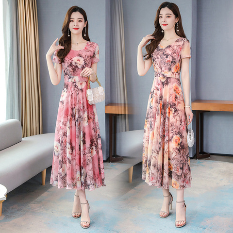 AliExpress 2023 Ljeto nova modna korejska haljina s printom, okruglim izrezom, uskim strukom, tankom haljinom za mame preko koljena.