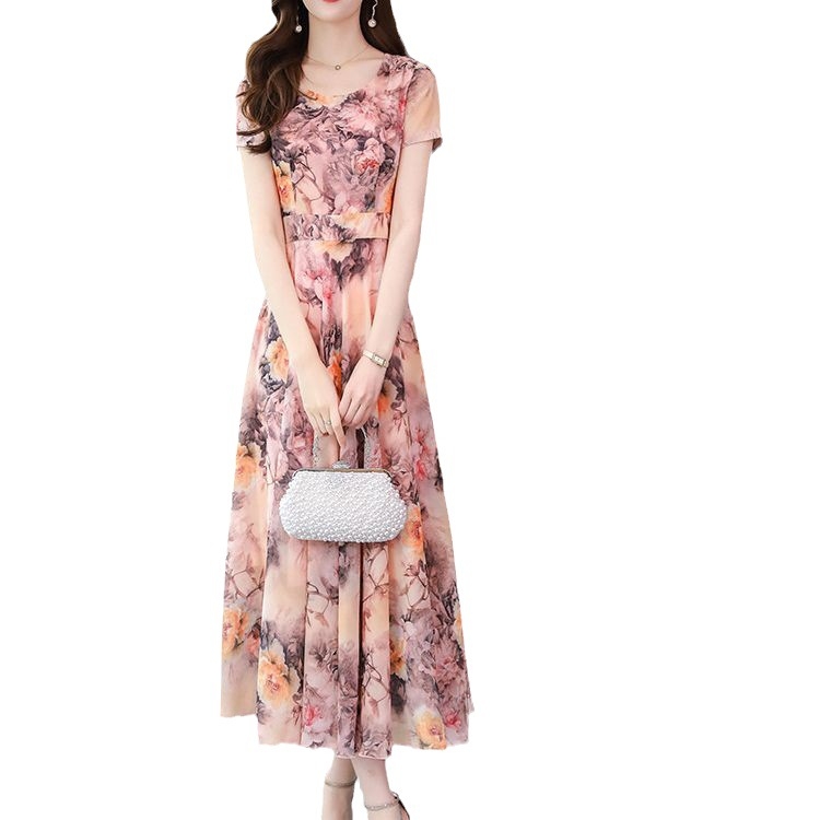 AliExpress 2023 Ljeto nova modna korejska haljina s printom, okruglim izrezom, uskim strukom, tankom haljinom za mame preko koljena.