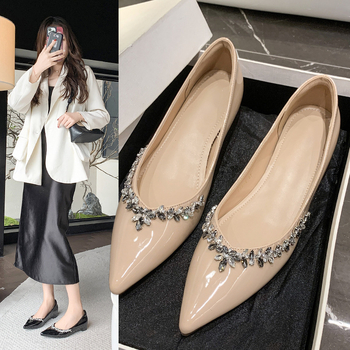Jarné nové topánky s kamienkami a plochým podpätkom na nízkom podpätku, dámske, kórejské, francúzske, elegantné, s plytkými ústami, s nízkym podpätkom a jednovrstvovou výstelkou