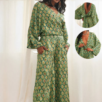 Európske a americké cezhraničné dámske oblečenie 2025 nový módny oblek s potlačou, dlhý rukáv, sexy top s vysokým pásom, široké nohavice, dvojdielna súprava