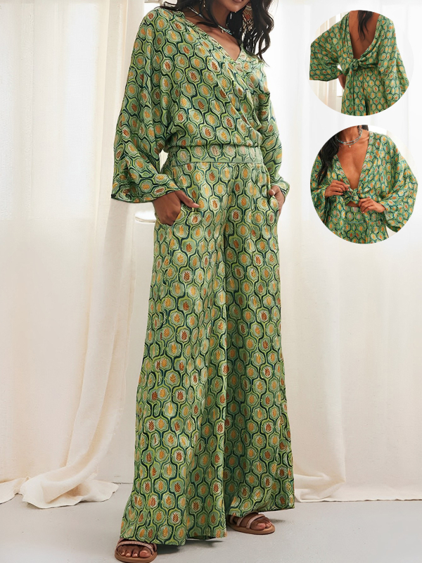 Európske a americké cezhraničné dámske oblečenie 2025 nový módny oblek s potlačou, dlhý rukáv, sexy top s vysokým pásom, široké nohavice, dvojdielna súprava