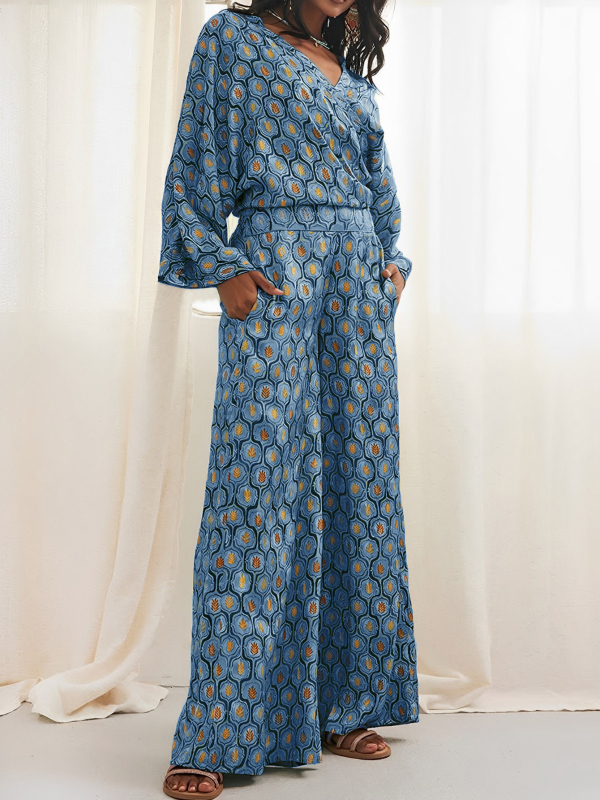 Európske a americké cezhraničné dámske oblečenie 2025 nový módny oblek s potlačou, dlhý rukáv, sexy top s vysokým pásom, široké nohavice, dvojdielna súprava