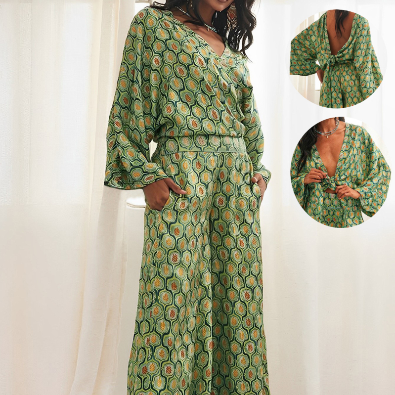 Európske a americké cezhraničné dámske oblečenie 2025 nový módny oblek s potlačou, dlhý rukáv, sexy top s vysokým pásom, široké nohavice, dvojdielna súprava