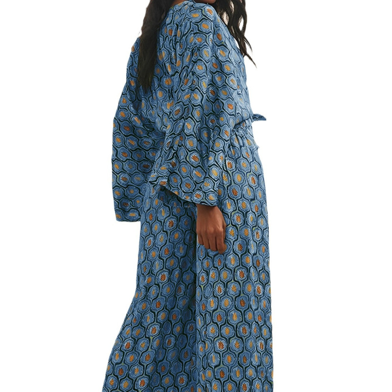 Európske a americké cezhraničné dámske oblečenie 2025 nový módny oblek s potlačou, dlhý rukáv, sexy top s vysokým pásom, široké nohavice, dvojdielna súprava