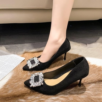 Crne visoke potpetice od teksture brušene kože, jesen i zima 2025., novi izvoz, veleprodaja, modne ženske cipele s cirkonima
