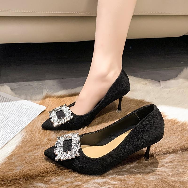 Crne visoke potpetice od teksture brušene kože, jesen i zima 2025., novi izvoz, veleprodaja, modne ženske cipele s cirkonima