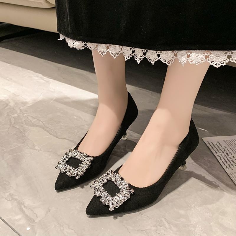 Crne visoke potpetice od teksture brušene kože, jesen i zima 2025., novi izvoz, veleprodaja, modne ženske cipele s cirkonima