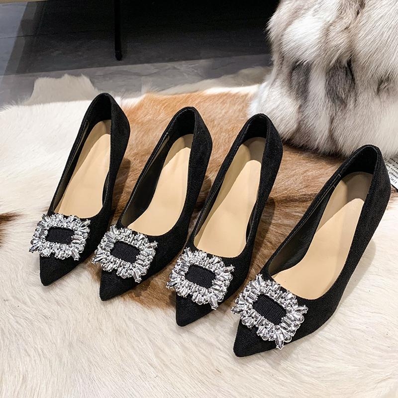 Crne visoke potpetice od teksture brušene kože, jesen i zima 2025., novi izvoz, veleprodaja, modne ženske cipele s cirkonima