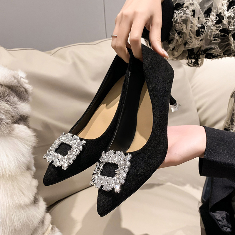 Crne visoke potpetice od teksture brušene kože, jesen i zima 2025., novi izvoz, veleprodaja, modne ženske cipele s cirkonima