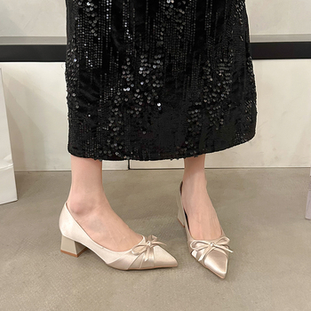Τέλειο ψηλοτάκουνο παπούτσι με πεταλούδα και μυτερή μύτη, γυναικείο, άνοιξη 2025, νέο γαλλικό στυλ, άνετο, ελαφρύ, αναπνεύσιμο, ρηχό άνοιγμα, χοντρό τακούνι.