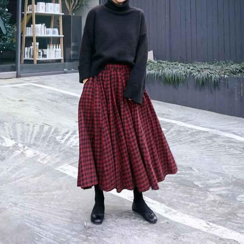 Skladom retro kockovaná sukňa jeseň a zima 2023 Nová japonská a kórejská elegantná voľná sukňa s vysokým pásom a veľkým výstrihom do A