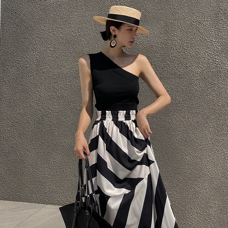 Femeii coreeană șic vară nișă elegantă guler înclinat scurt vestă talie înaltă slăbire imprimate mare leagăn fustă de vară