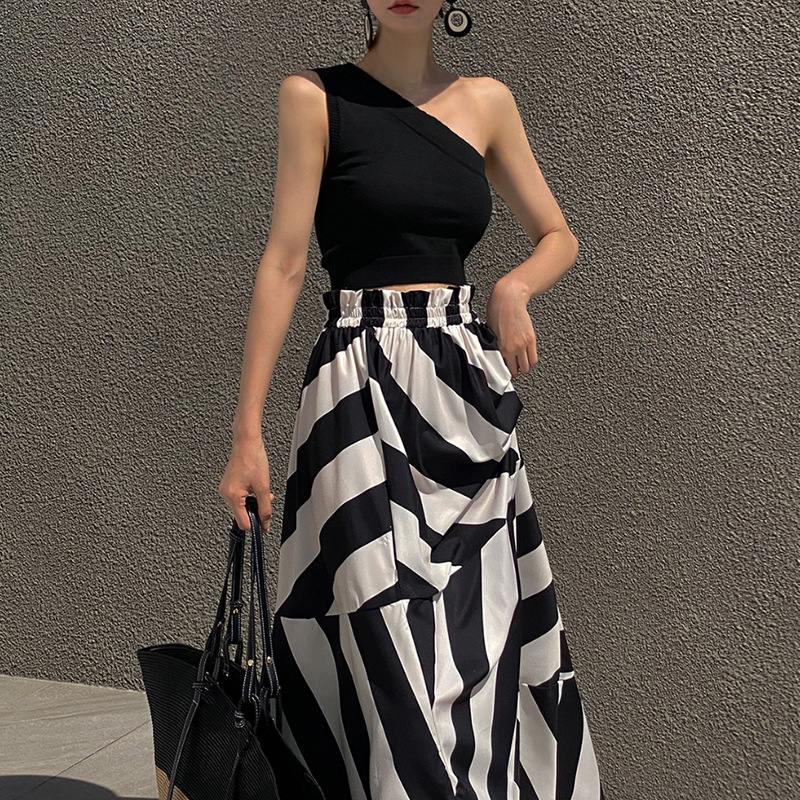 Korejski šik ljetni nišni elegantni kratki prsluk s kosim ovratnikom, visoki struk, za mršavljenje, velika swing suknja za žene