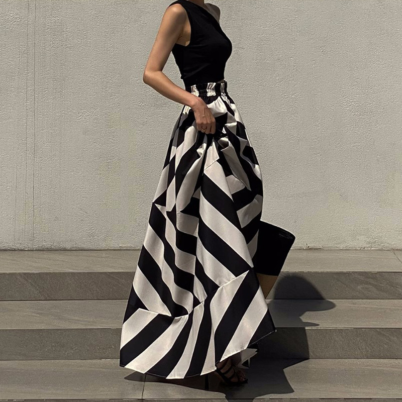 Korejski šik ljetni nišni elegantni kratki prsluk s kosim ovratnikom, visoki struk, za mršavljenje, velika swing suknja za žene