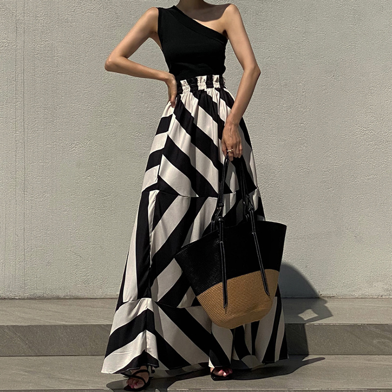 Korejski šik ljetni nišni elegantni kratki prsluk s kosim ovratnikom, visoki struk, za mršavljenje, velika swing suknja za žene