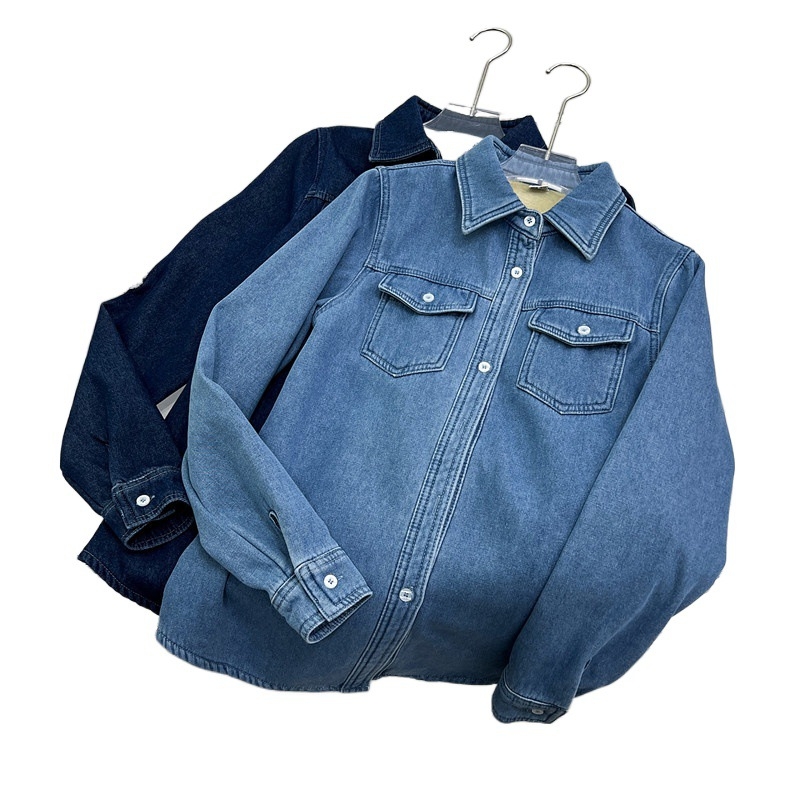 Rudens ir žiemos tamsiai mėlynos spalvos vilnos pamušalu stori šilti karvės odos marškiniai moterims, senėjimą stabdantys korėjietiški ploni viršutiniai drabužiai, madingi vidiniai marškinėliai