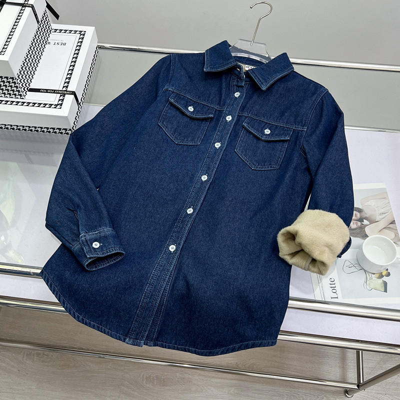 Rudens ir žiemos tamsiai mėlynos spalvos vilnos pamušalu stori šilti karvės odos marškiniai moterims, senėjimą stabdantys korėjietiški ploni viršutiniai drabužiai, madingi vidiniai marškinėliai