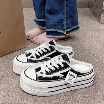 Dámske papuče Baotou so šnurovaním a hrubou podrážkou, letné 2025, nové plátené topánky bez podpätku s polkošieľkou, ležérne topánky