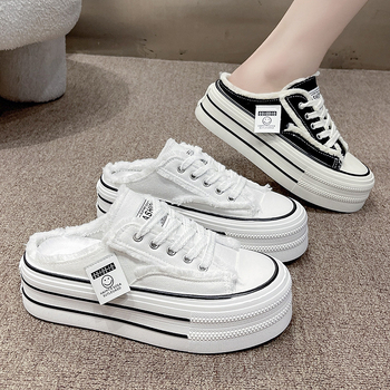 Dámske papuče Baotou so šnurovaním a hrubou podrážkou, letné 2025, nové plátené topánky bez podpätku s polkošieľkou, ležérne topánky