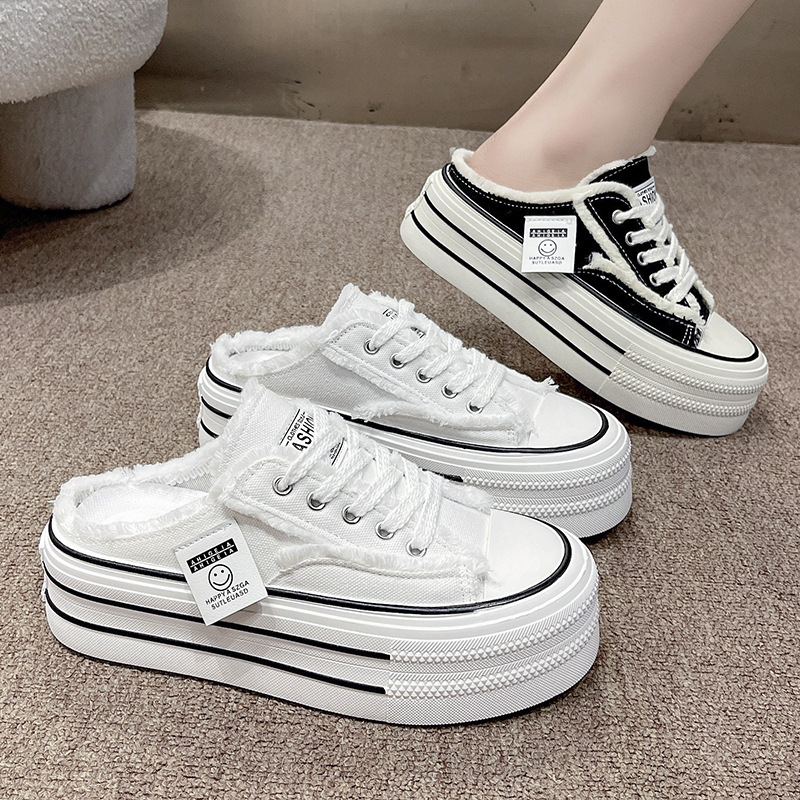 Dámske papuče Baotou so šnurovaním a hrubou podrážkou, letné 2025, nové plátené topánky bez podpätku s polkošieľkou, ležérne topánky