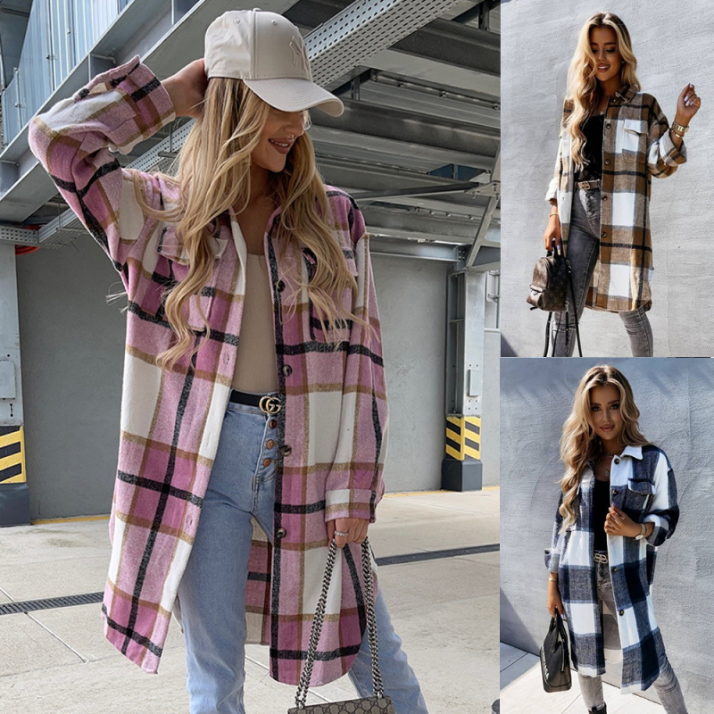 2021 prekogranična vanjska trgovina Amazon AliExpress nova košulja srednje duljine karirana široka košulja plus size za žene