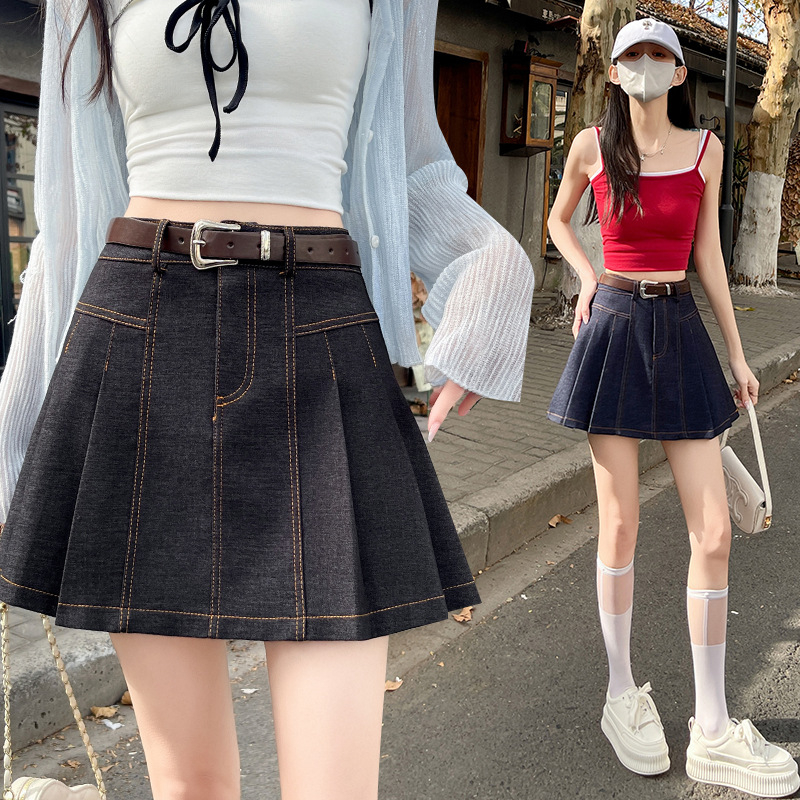 Dámska skladaná sukňa z tencelového denimu v vysokoškolskom štýle, jar 2025, malá, vek znižujúca, univerzálna, ležérna sukňa v tvare A