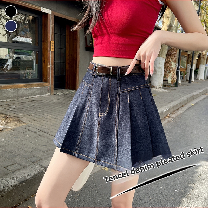 Dámska skladaná sukňa z tencelového denimu v vysokoškolskom štýle, jar 2025, malá, vek znižujúca, univerzálna, ležérna sukňa v tvare A