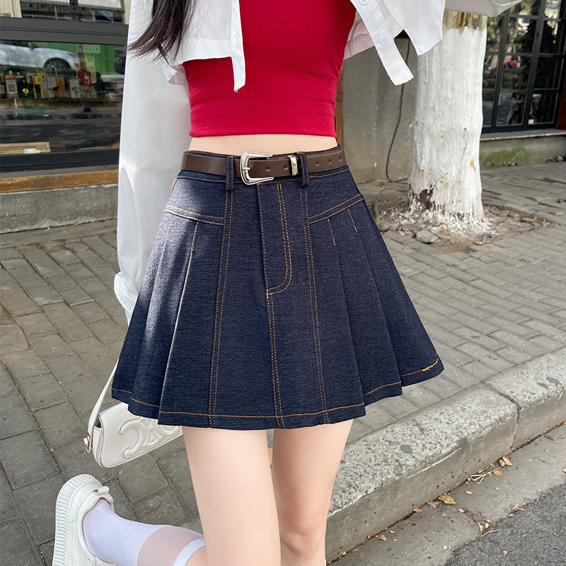 Dámska skladaná sukňa z tencelového denimu v vysokoškolskom štýle, jar 2025, malá, vek znižujúca, univerzálna, ležérna sukňa v tvare A