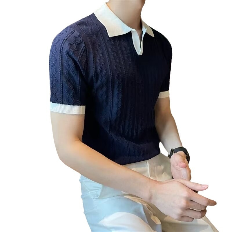 Ljetna prozračna talijanska polo majica s blokovima boja, lagana, zrela, moderna, muška, V-ovratnik, elastična žakard tekstura, uski kroj, pletena kratkih rukava