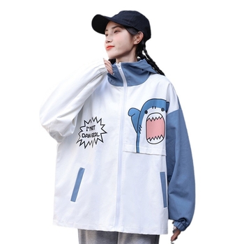 Μαθητές γυμνασίου άνοιξης και φθινοπώρου, χαλαρό παλτό σε all-match για κορίτσια, καρτούν χαριτωμένο, μακρυμάνικο αντιανεμικό σε χρώμα αντίθεσης, κορεάτικο στυλ, ρούχα εργασίας