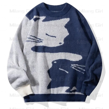 Transfrontaliere nou casual pulover pisică model jacquard tricotat tricou cu mânecă lungă distinctiv confortabil lejer cald pulover