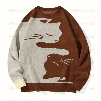 Transfrontaliere nou casual pulover pisică model jacquard tricotat tricou cu mânecă lungă distinctiv confortabil lejer cald pulover