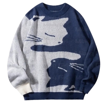 Transfrontaliere nou casual pulover pisică model jacquard tricotat tricou cu mânecă lungă distinctiv confortabil lejer cald pulover