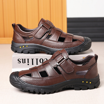 Νέα ανδρικά παπούτσια από μαλακό δέρμα με τρύπες για το καλοκαίρι του 2025, δερμάτινα σανδάλια για επαγγελματίες, με μαλακή σόλα και δερμάτινα παπούτσια με ανοιχτή μύτη για τον μπαμπά