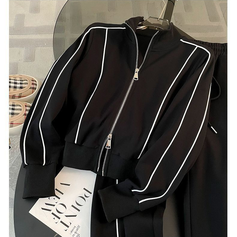 Módne športové obleky 2024 pre ženy, jesenné módne ležérne kórejské nohavice so zipsom a širokými nohavicami, dvojdielna súprava