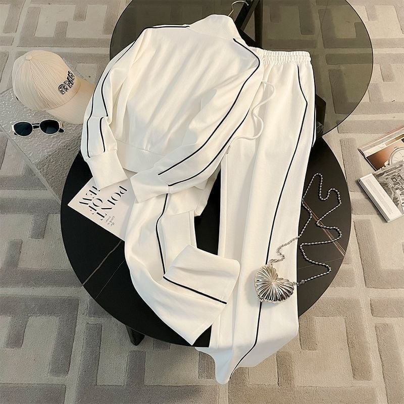 Costum sport la modă 2024 pentru femei, toamnă, modă casual, stil coreean, fermoar, pantaloni largi cu picior, set din două piese, la modă
