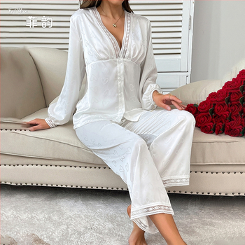 Ευρωπαϊκή και αμερικανική μόδα με μακρυμάνικη πιτζάμα, σέξι παντελόνι, δύο τεμαχίων, άνετο σατέν, ζακάρ, ρουχισμό για το σπίτι 687