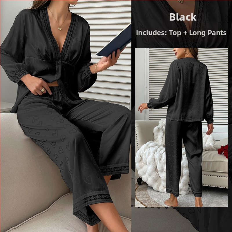 Európai és amerikai divatos hosszú ujjú pizsama szexi nadrág öltöny kétrészes kényelmes szatén szerelem jacquard otthoni ruházat 687