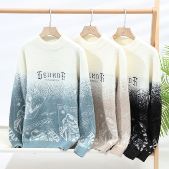 Φθινόπωρο και Χειμώνας Ανδρικό Φθινόπωρο-Χειμώνας με Στρογγυλή Λαιμόκοψη, Μακρυμάνικο Ζακάρ Ντεγκραντέ Πουλόβερ, Μοντέρνο Νεανικό Ανδρικό Πλεκτό