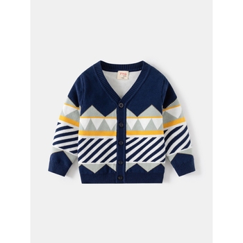 Φθινόπωρο και χειμώνας 2024 νέο παιδικό πουλόβερ διπλό βαμβακερό ζακέτα με ριγέ ρόμβο πουλόβερ V γιακά μια γενιά μαλλιών