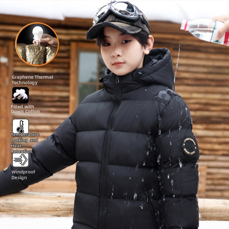 Детско пухено яке с памучна подплата, черно-златист цвят, късо палто, голямо детско удебелено топло памучно палто, водоустойчиво момчешко зимно яке за хляб