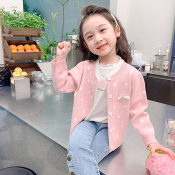 Dječja odjeća, jesenska i zimska odjeća za djevojčice, zapadnjački stil, podstavljeni flisom, zadebljani pulover, korejski stil, dječji pleteni kardigan, top s točkicama