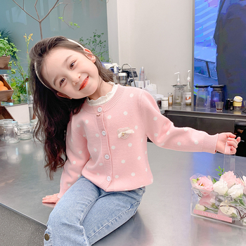 Dječja odjeća, jesenska i zimska odjeća za djevojčice, zapadnjački stil, podstavljeni flisom, zadebljani pulover, korejski stil, dječji pleteni kardigan, top s točkicama