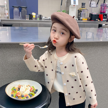 Dječja odjeća, jesenska i zimska odjeća za djevojčice, zapadnjački stil, podstavljeni flisom, zadebljani pulover, korejski stil, dječji pleteni kardigan, top s točkicama