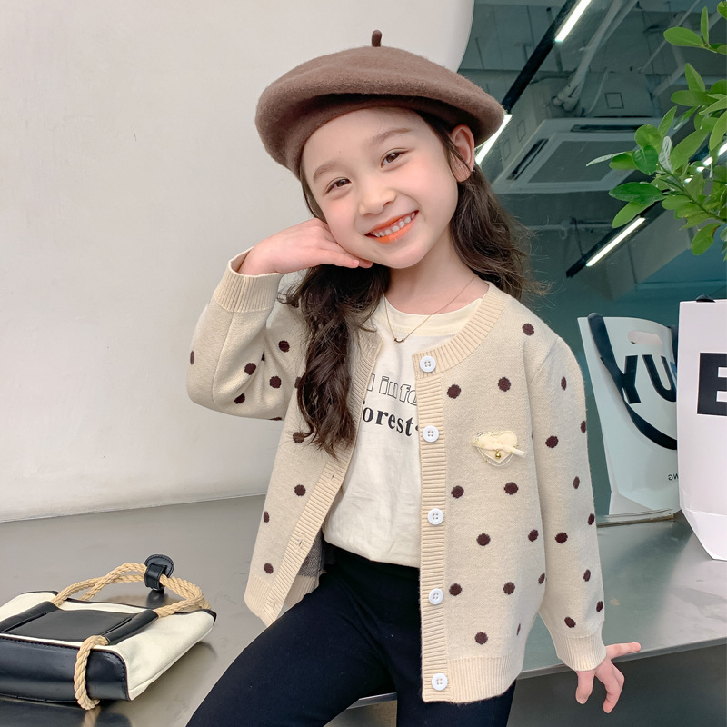 Dječja odjeća, jesenska i zimska odjeća za djevojčice, zapadnjački stil, podstavljeni flisom, zadebljani pulover, korejski stil, dječji pleteni kardigan, top s točkicama